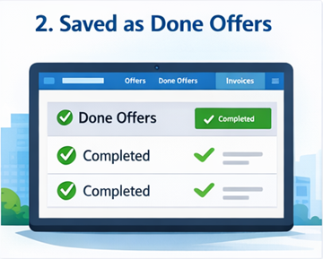 Контролна табла корисника која приказује завршене транспортне послове сачуване као „Done Offers“ на ExusTrans